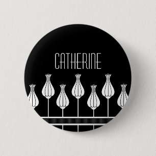 Black and White Art Deco Floral Button