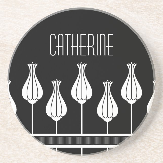 Black and White Art Deco Floral Coaster (Front)
