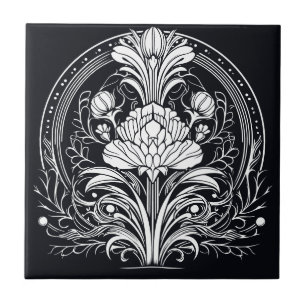  Black and White Art Deco Floral Decorative Ceramic Tile