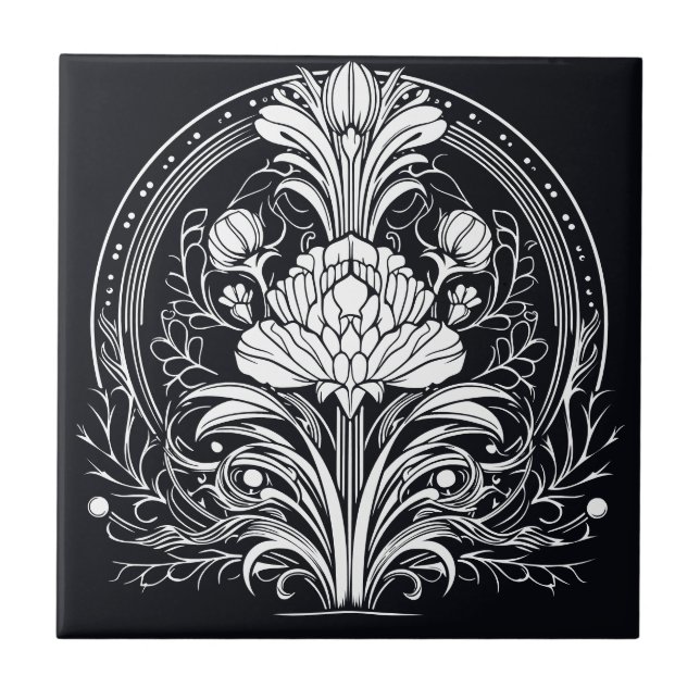  Black and White Art Deco Floral Decorative Ceramic Tile (Front)