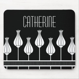 Black and White Art Deco Floral Mousepad