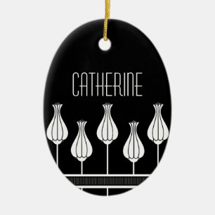 Black and White Art Deco Floral Oval Ornament