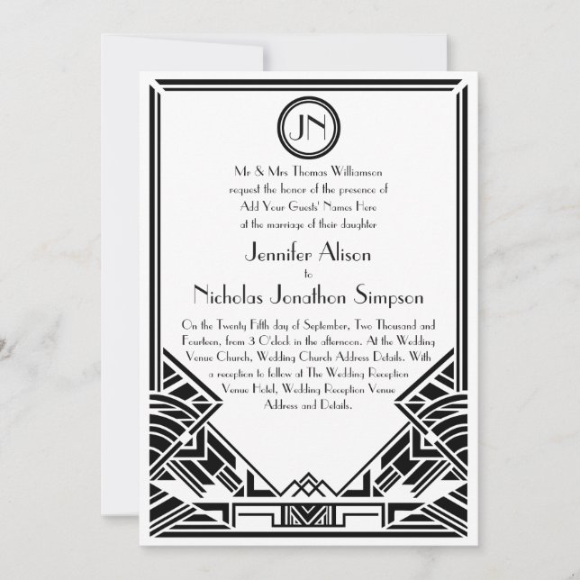 Black and White Art Deco Gatsby Wedding Invites (Front)