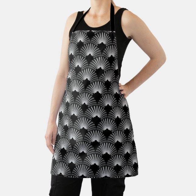 Black and white art-deco pattern apron (Insitu)