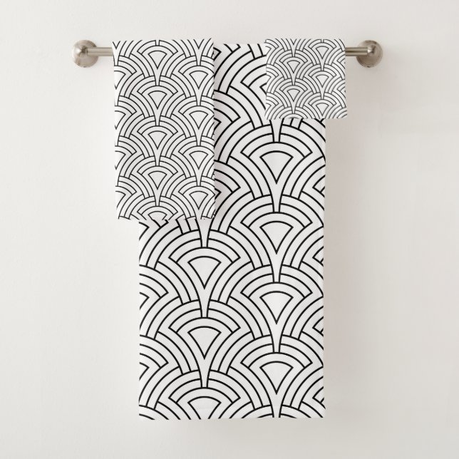 Black and white Art Deco pattern Bath Towel Set (Insitu)
