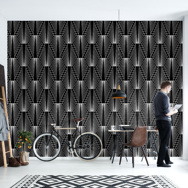 Black and white art deco pattern wallpaper (Living Room)