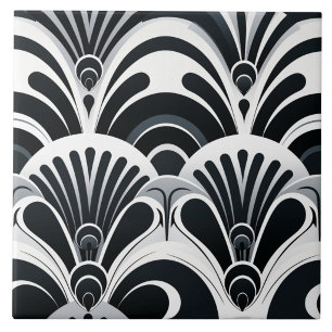 Black and White Art Deco Scalloped Fans Ceramic Tile