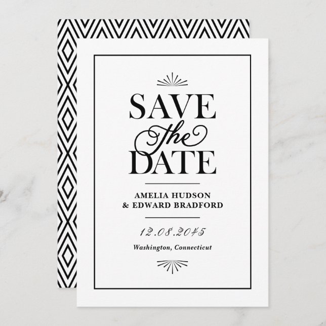 Black and White Art Deco Typography Save The Date (Front/Back)