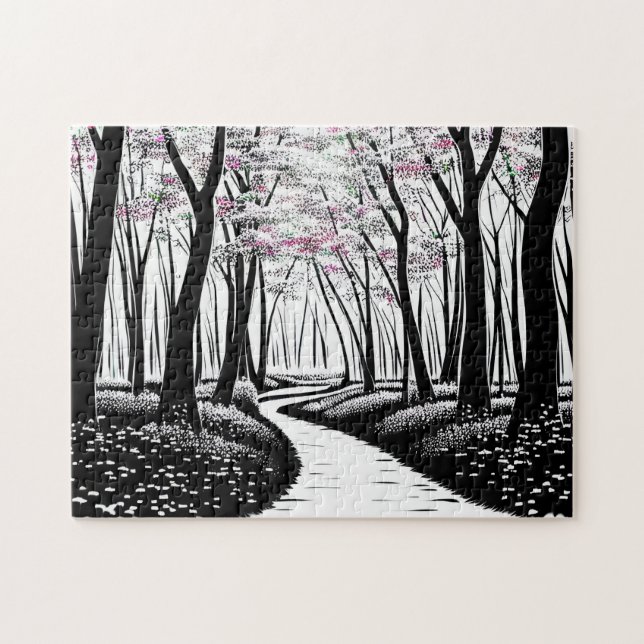 Black and White Art with Purple Leaves Jigsaw Puzzle (Horizontal)