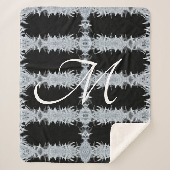 Black and White ArtDeco Graphic Monogram Sherpa Blanket (Front)