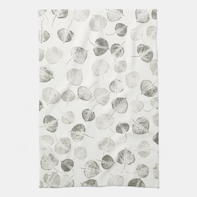 Black and White Aspen Leaves Pattern © Sandy Long Tea Towel (Vertical)