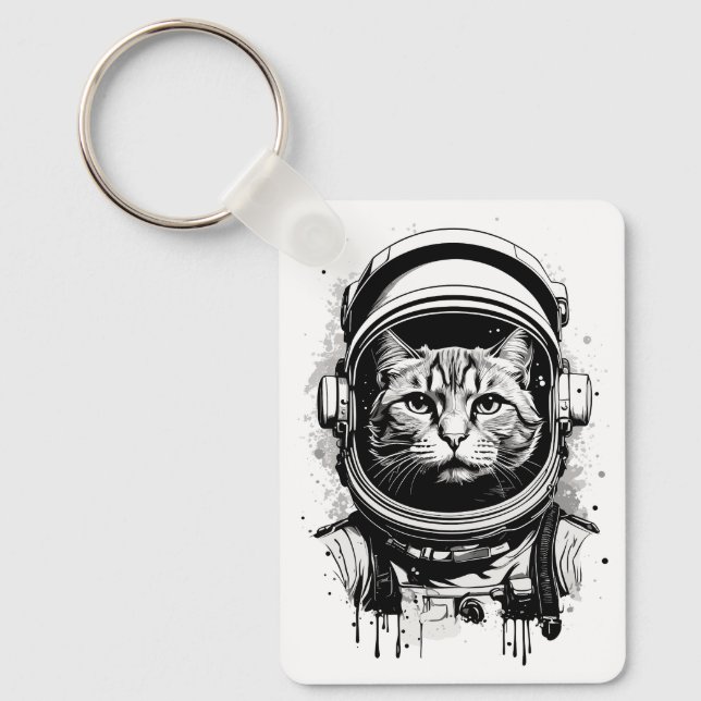 Black and White Astronaut Cat Key Ring (Front)