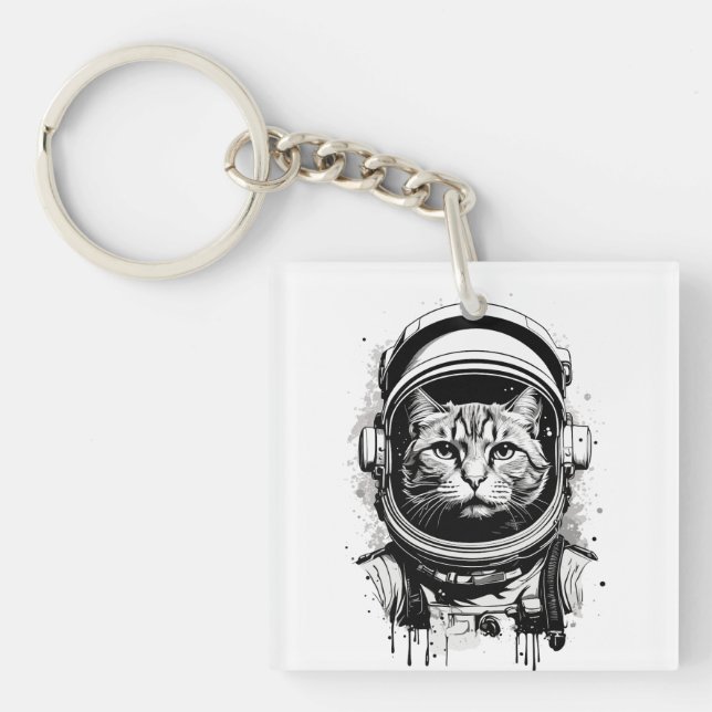 Black and White Astronaut Cat Key Ring (Front)