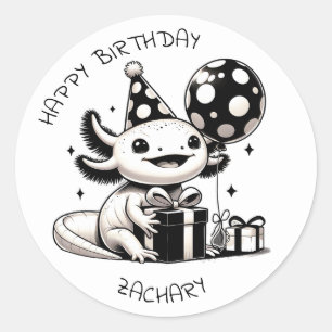 Black and White Axolotl Birthday Party Personalise Classic Round Sticker