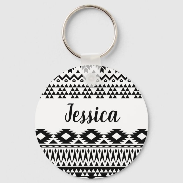 Black and White Aztec geometric vector pattern Key Ring (Front)