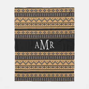 Black and White Aztec Tribal Patterned Monogram Fleece Blanket