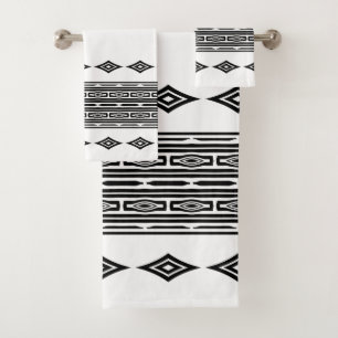Black and White Aztec Tribal Striped Pattern Bath Towel Set