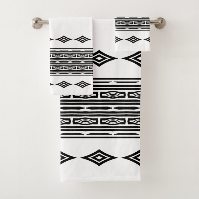 Black and White Aztec Tribal Striped Pattern Bath Towel Set (Insitu)