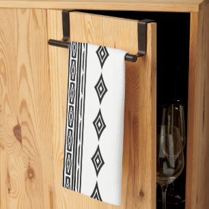 Black and White Aztec Tribal Striped Pattern Tea Towel