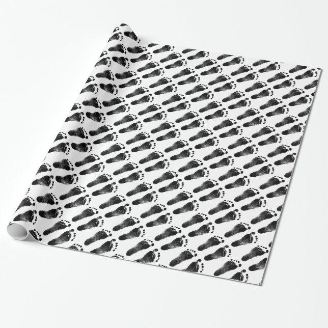 Black and White Baby Footprints Wrapping Paper (Unrolled)