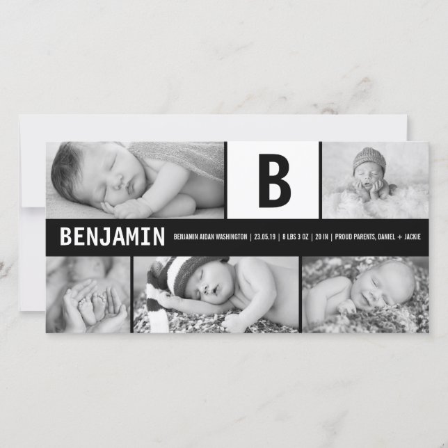 Black And White Baby Monogram 5 Photo Modern Birth Announcement (Front)