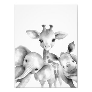 Black and White Baby Safari Animals Print