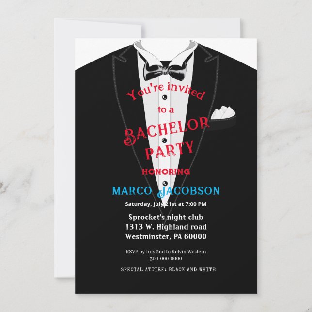 Black and white bachelor party invitation (Front)