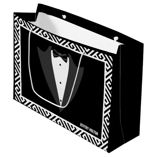 Black, and white bachelor party tuxedo large gift bag (Front Angled)