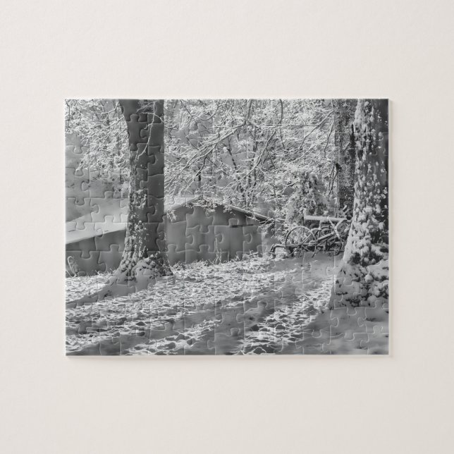 Black and White Backlit Rural Snow Scene Jigsaw Puzzle (Horizontal)