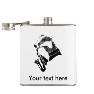 Black and White Badger Playing A Saxophone Hip Flask