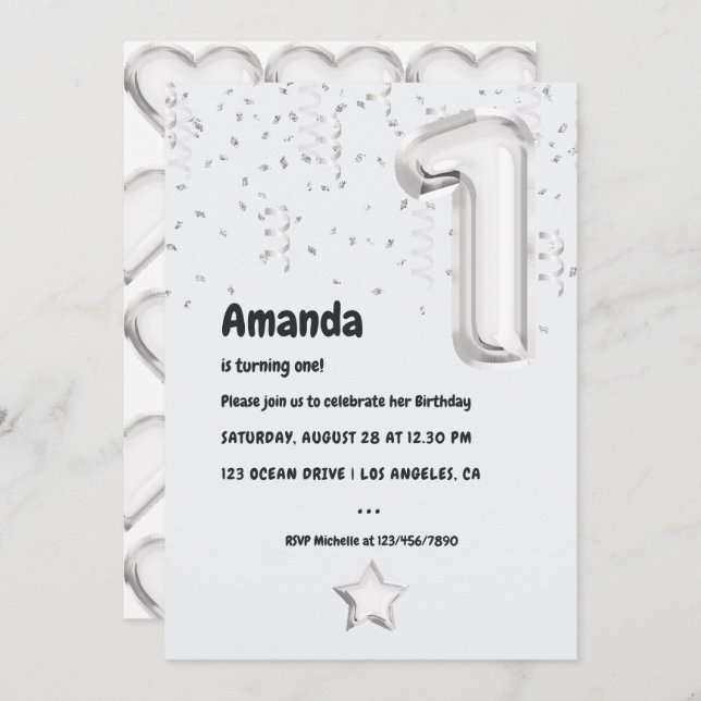 Black and White Balloon 1st Birthday Party Invitation (Front/Back)