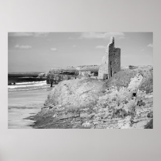 black and white ballybunion castle ruins poster