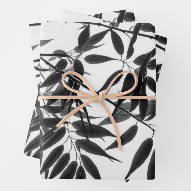 Black and White Bamboo Plant Wrapping Paper Sheet (In situ)