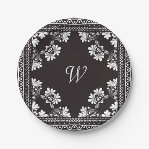 Black and White Bandanna With Monogram Paper Plate