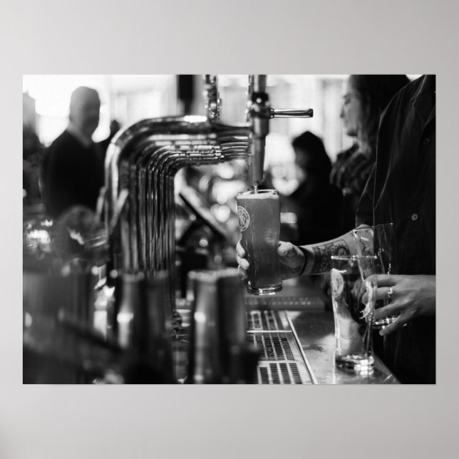 Black and White Bar Scene Pouring Fresh Draught Be Poster (Front)