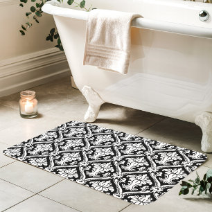 Black and White Baroque Damask Pattern Bath Mat