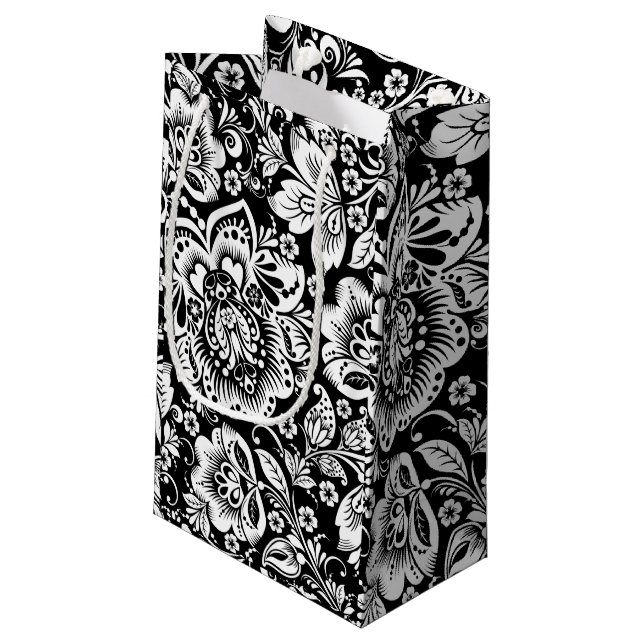 Black And White Baroque Damasks Pattern Small Gift Bag (Back Angled)