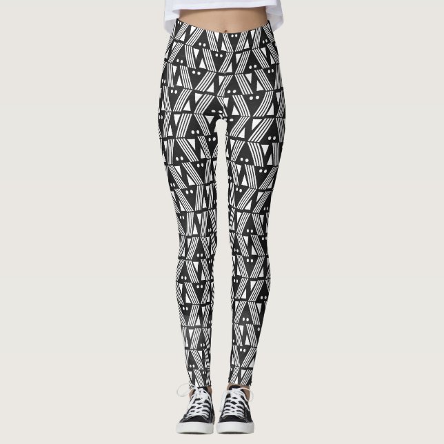 Black and White Bars and Dots Patterned Leggings (Front)