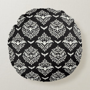 Black and White Bat Damask Round Cushion