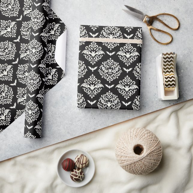 Black and White Bat Damask Wrapping Paper (Crafts)