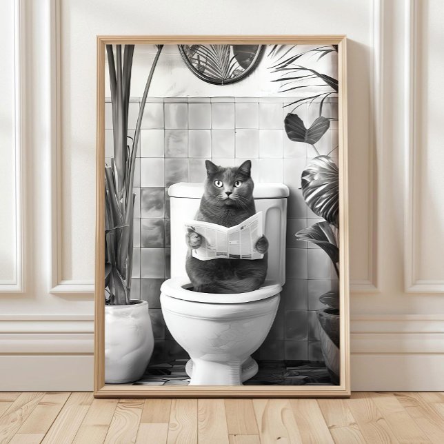 Black and White Bathroom Cat Print, Funny Posters, Poster (Creator Uploaded)