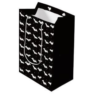 Black and White Bats Black Halloween Medium Gift Bag