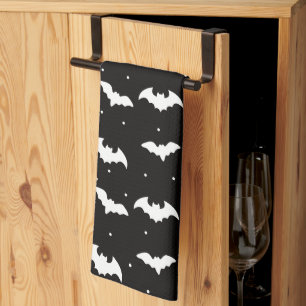 Black and White Bats Black Halloween Tea Towel