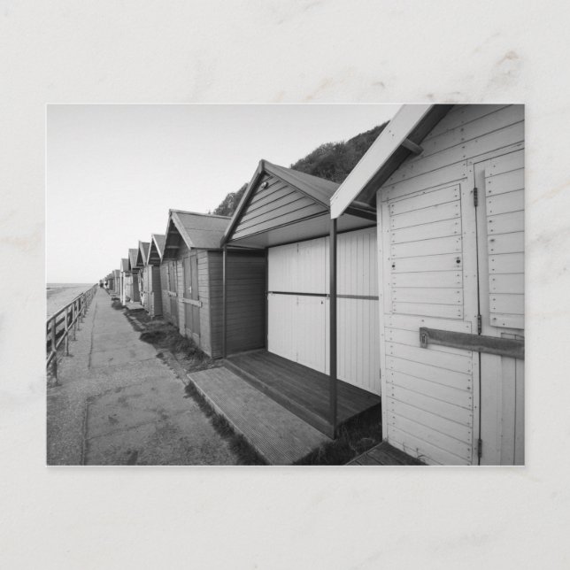 Black and white beach huts postcard (Front)