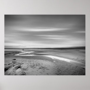 Black and White Beach Landscape with Tidal Stream Poster