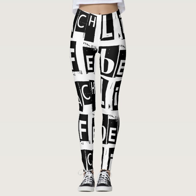 Black and White Beach Life Text Pattern Leggings (Front)