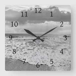 Black and White Beach Ocean Sea Photo 194 Square Wall Clock