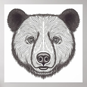 Black and White Bear Portrait Cute Stencil Art Poster