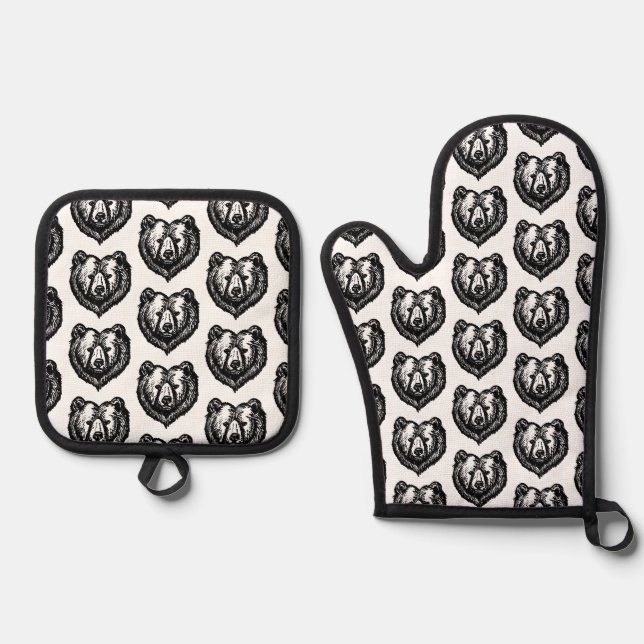 Black and White Bear's Face Ink Drawing Oven Mitt & Pot Holder Set (Front)
