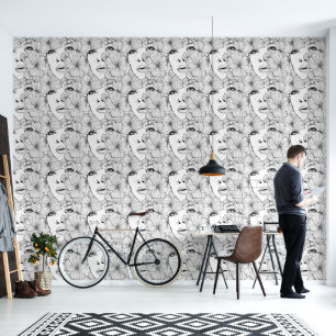 Black and White Beautiful Woman Floral Removable Wallpaper